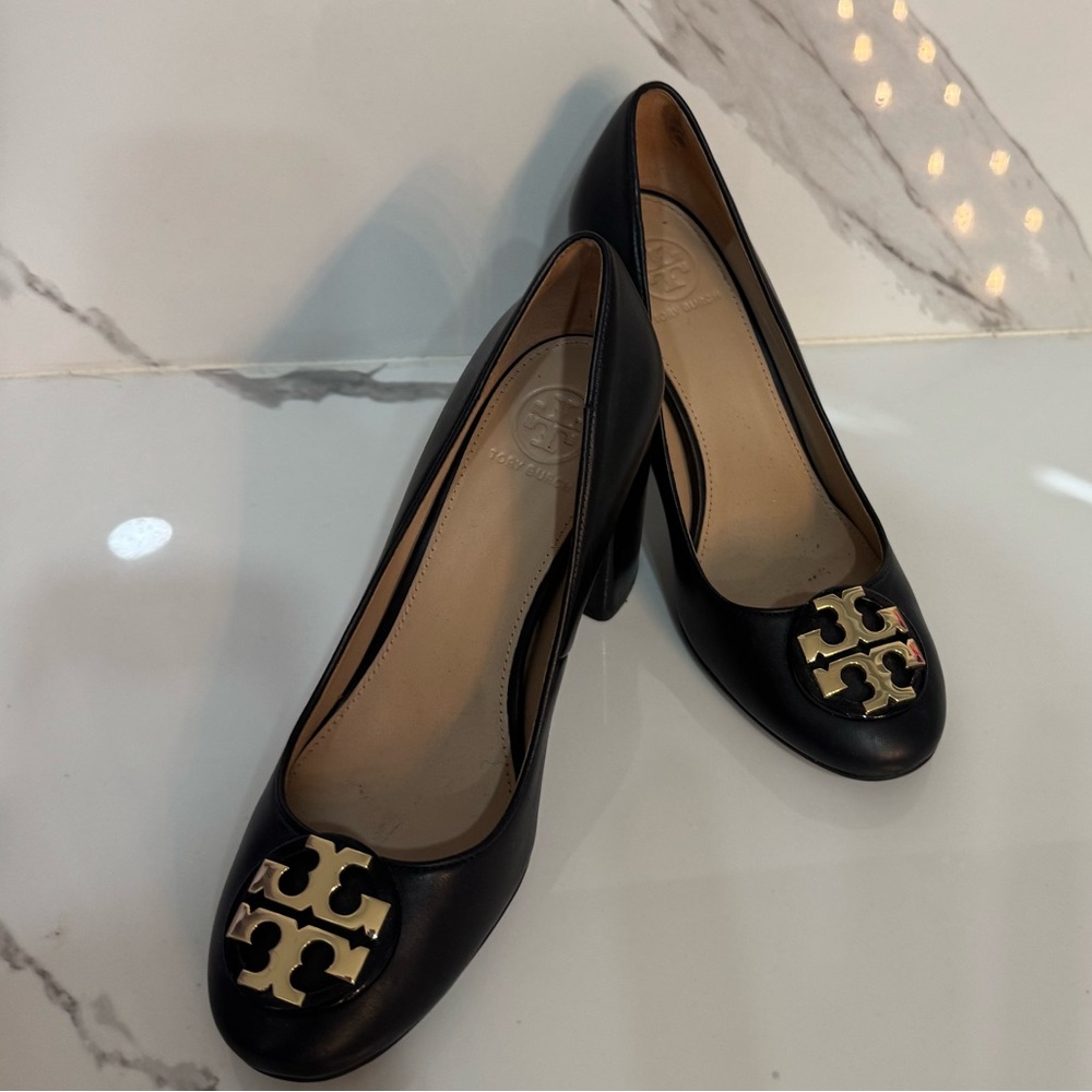 Tory Burch Black Heels with Gold Logo Accent